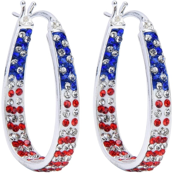 Crystal Hoop Earrings For Women American Flag Colors Inside Out Silver Plated Earring Jewelry Gift