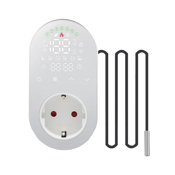 Labymos Digital Thermostat Outlet Plug 16A Outlet Socket Temperature Controller 5+1+1 Six Periods & Heating and Cooling Mode with Touch Button LED Screen for Fan Heater Radiator AC Air Conditioner