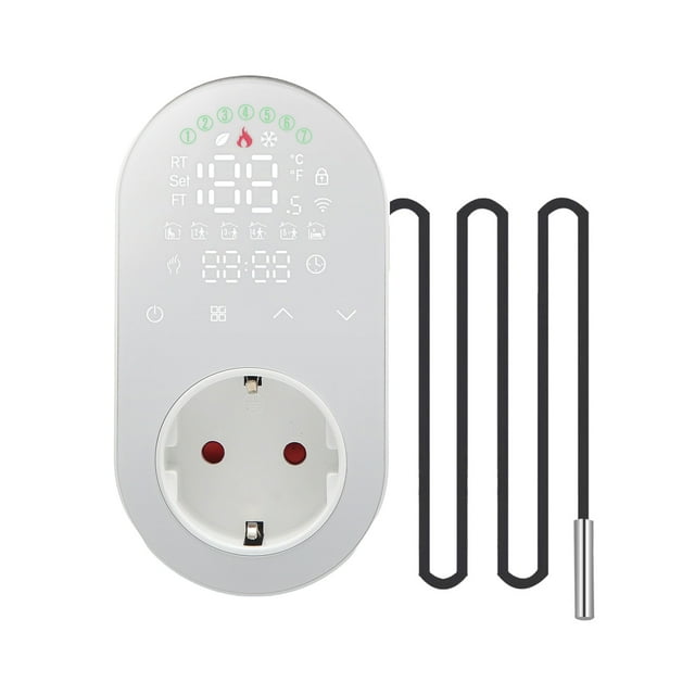 Labymos Digital Thermostat Outlet Plug 16A Outlet Socket Temperature Controller 5+1+1 Six Periods & Heating and Cooling Mode with Touch Button LED Screen for Fan Heater Radiator AC Air Conditioner