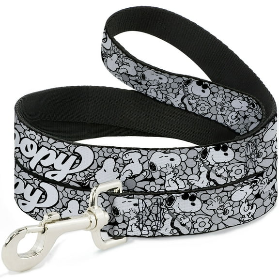 Peanuts Worldwide LLC Pet Leash, Dog Leash, Snoopy Poses and Daisy Flowers Collage Black Grays White, 4 Feet Long 1.0 Inch Wide