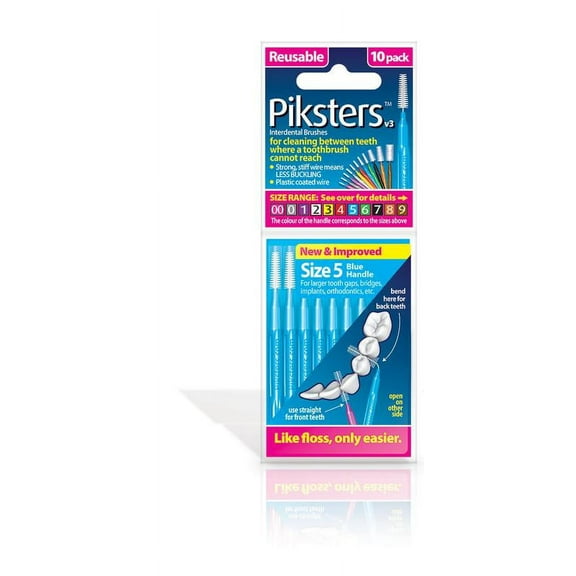Piksters 10 pack Interdental Brushes Size 5 Blue Reusable for cleaning between teeth