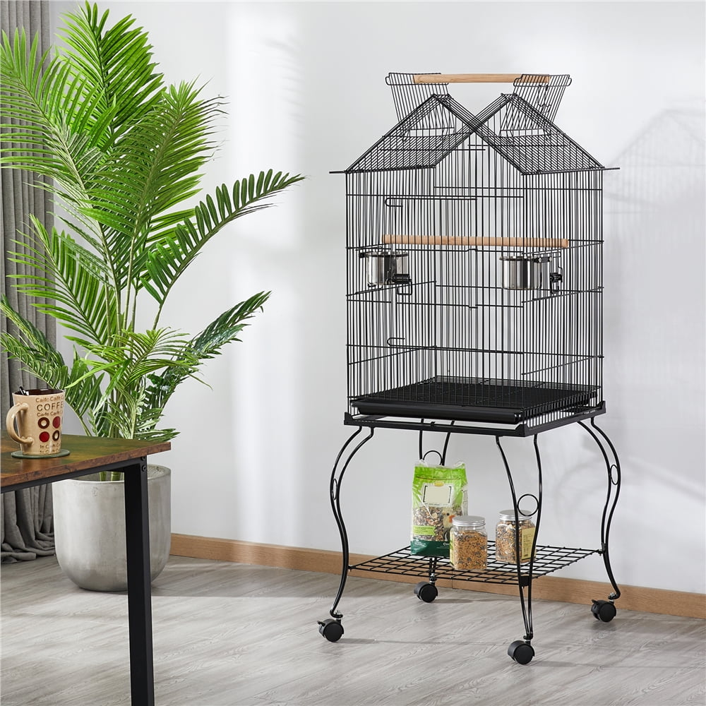 Renwick 57" Open Top Metal Parrot Cage with wheels, Black