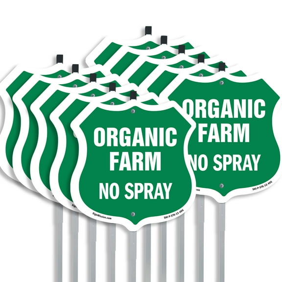 No Spray Shield Sign Organic Farm (10 Pack) 12 inch X 12 inch Shield Shaped Rust-Free Aluminum Metal Signs with Aluminum Mounting Stakes Weather Resistant, UV Protected for Workplace