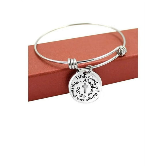 Sexy Sparkles Stainless Steel Religious Cross With God all Things Are Possible Expandable Wire Bangle Bracelet Charm - Zinc Metal Alloy