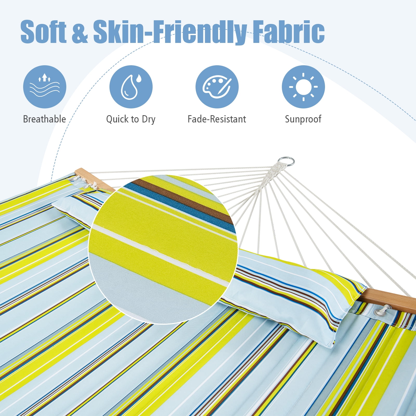 Patiojoy Portable Hammock W/ Spreader Bars & Detachable Pillow Quick Dry & Water Proof Material Hand Woven Cotton Rope Light Blue + Yellow