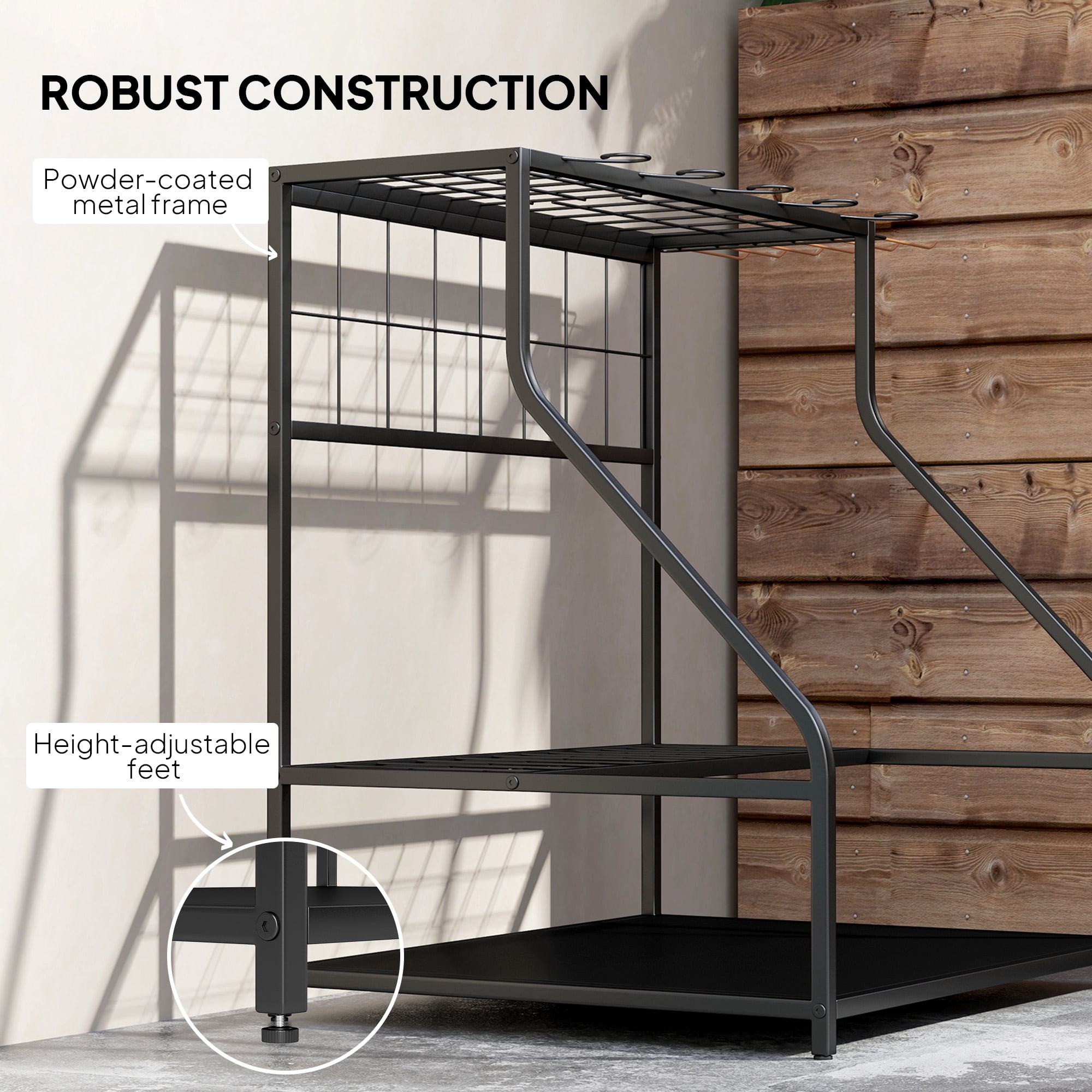 Outsunny Garden Tool Organizer for Garage, 3 Tier Yard Tool Storage Rack with Hooks, Orange