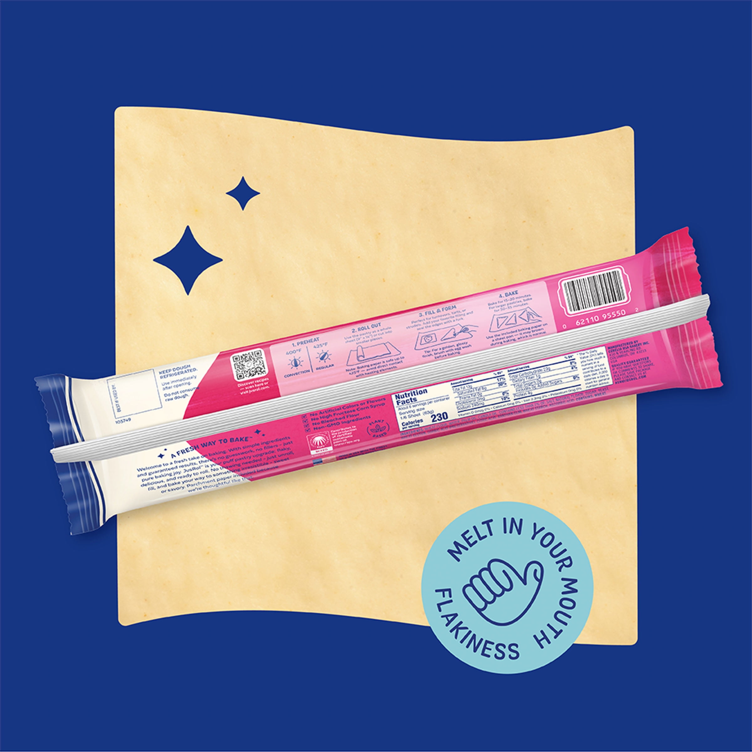 Jus-Rol Flaky & Layered Puff Pastry Sheet, Pre-Rolled Refrigerated Dough, 13.2 oz, 1 Sheet, For Sweet or Savory Baking