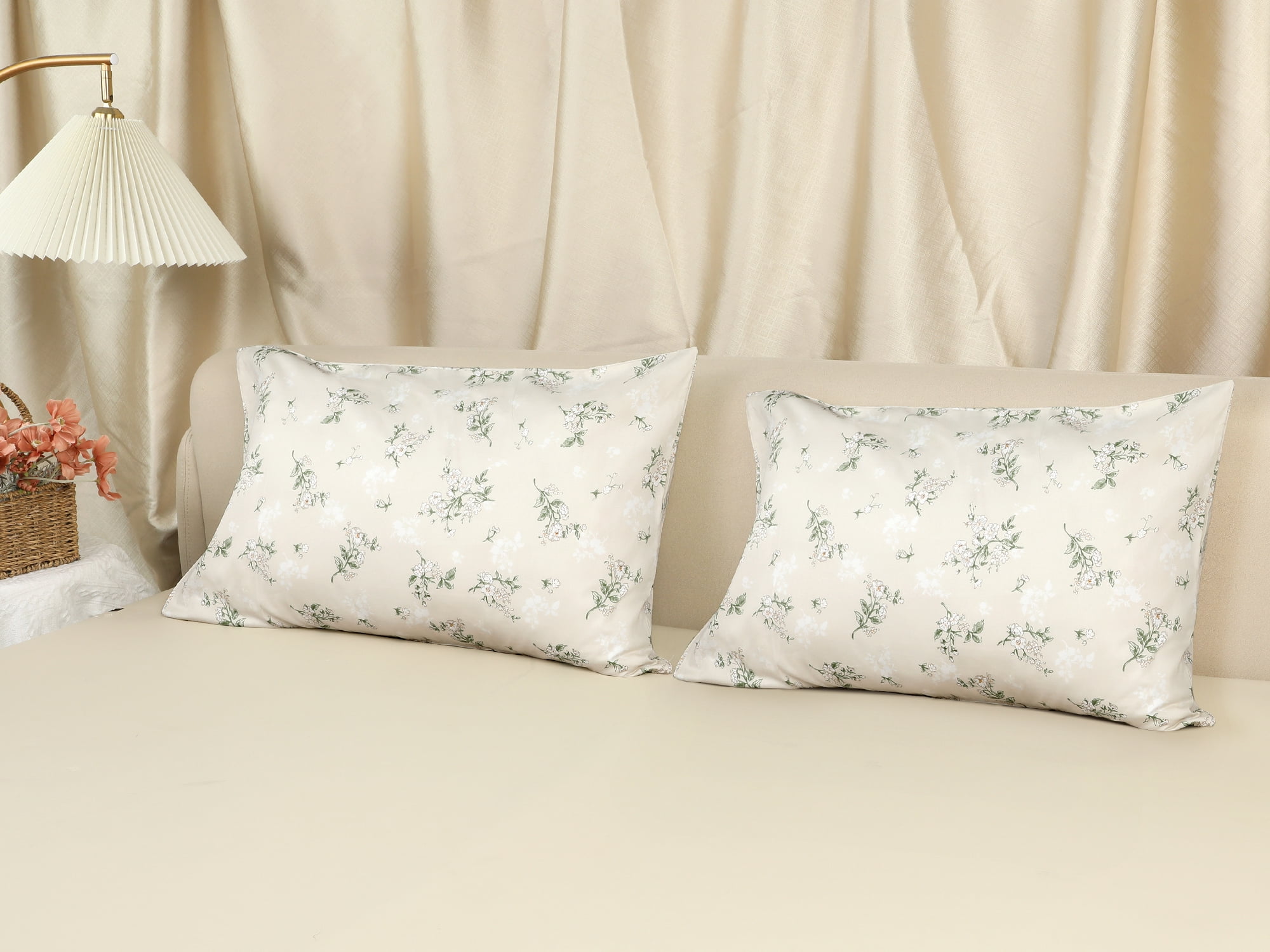 Unique Bargains 2 pcs Pillowcase for Hair and Skin Soft Cotton Floral Pillow Cases Beige