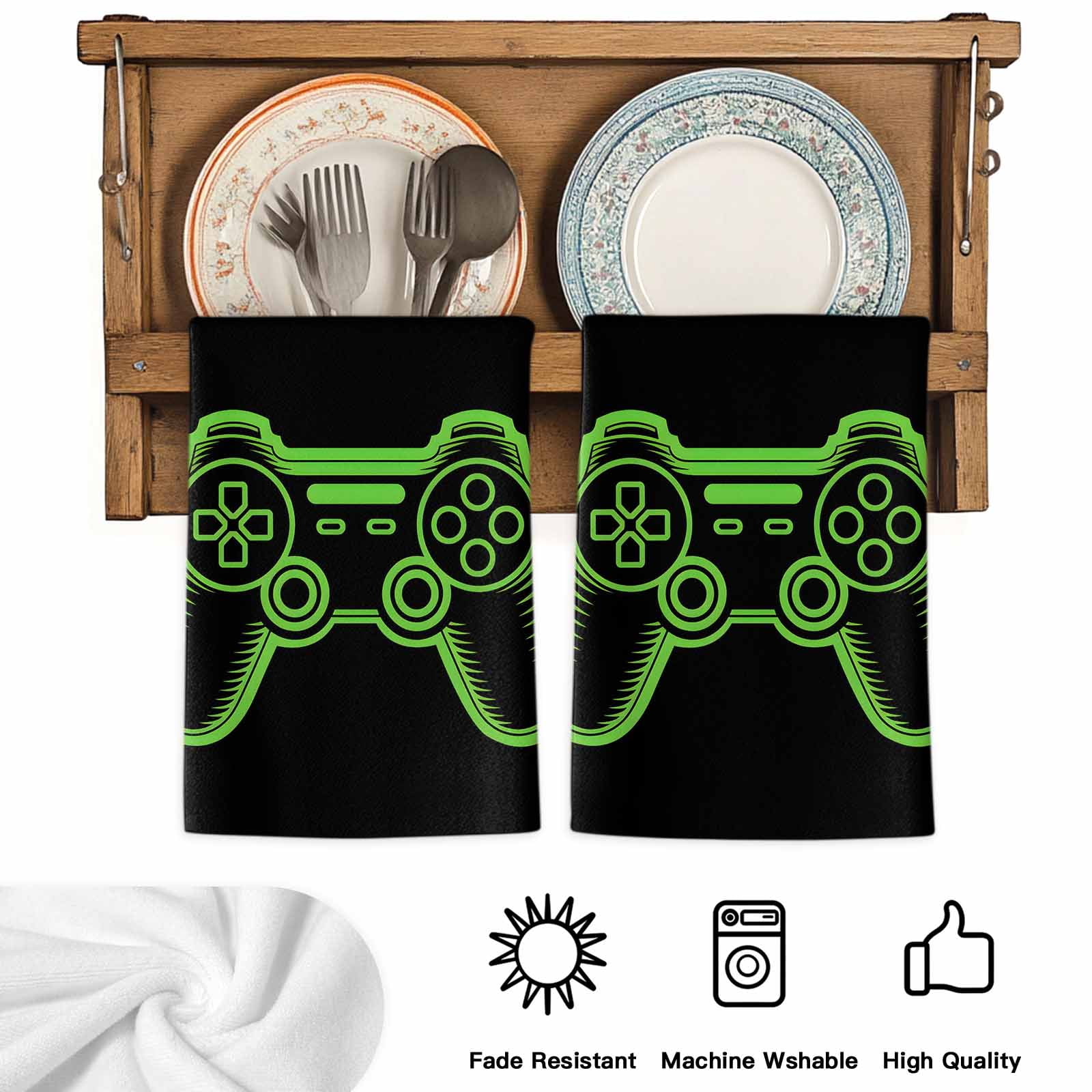 Green Game Controller Kitchen Towels Set of 4, Modern Art Gaming Handheld Black Soft Microfiber Dish Towels, Absorbent Quick-Dry Washable Dishcloths for Kitchen Cleaning, Drying Dishes, 18x28 Inches