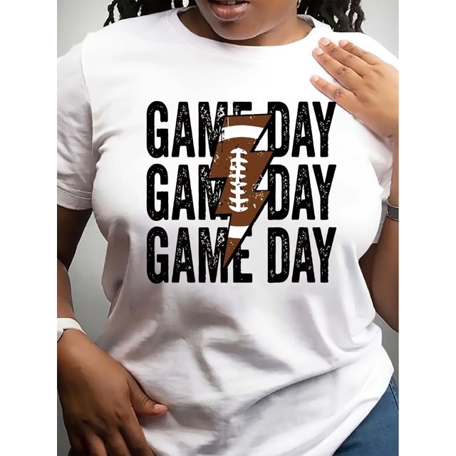 Game Day Football Print Crew Neck T-Shirt, Casual Polyester Knit Fabric Top, with Alphabet Pattern, Regular Length for All Seasons