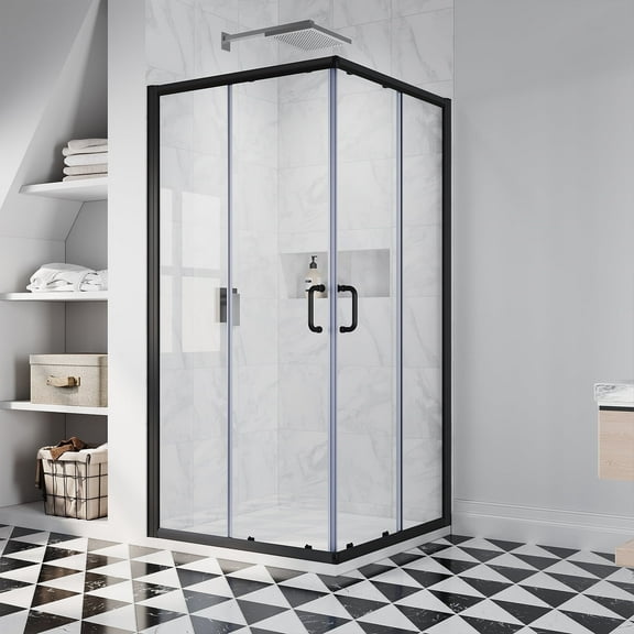 Sunny Shower Corner Entry Shower Enclosure Sliding Shower Door 34" x 72" in Matte Black Framed