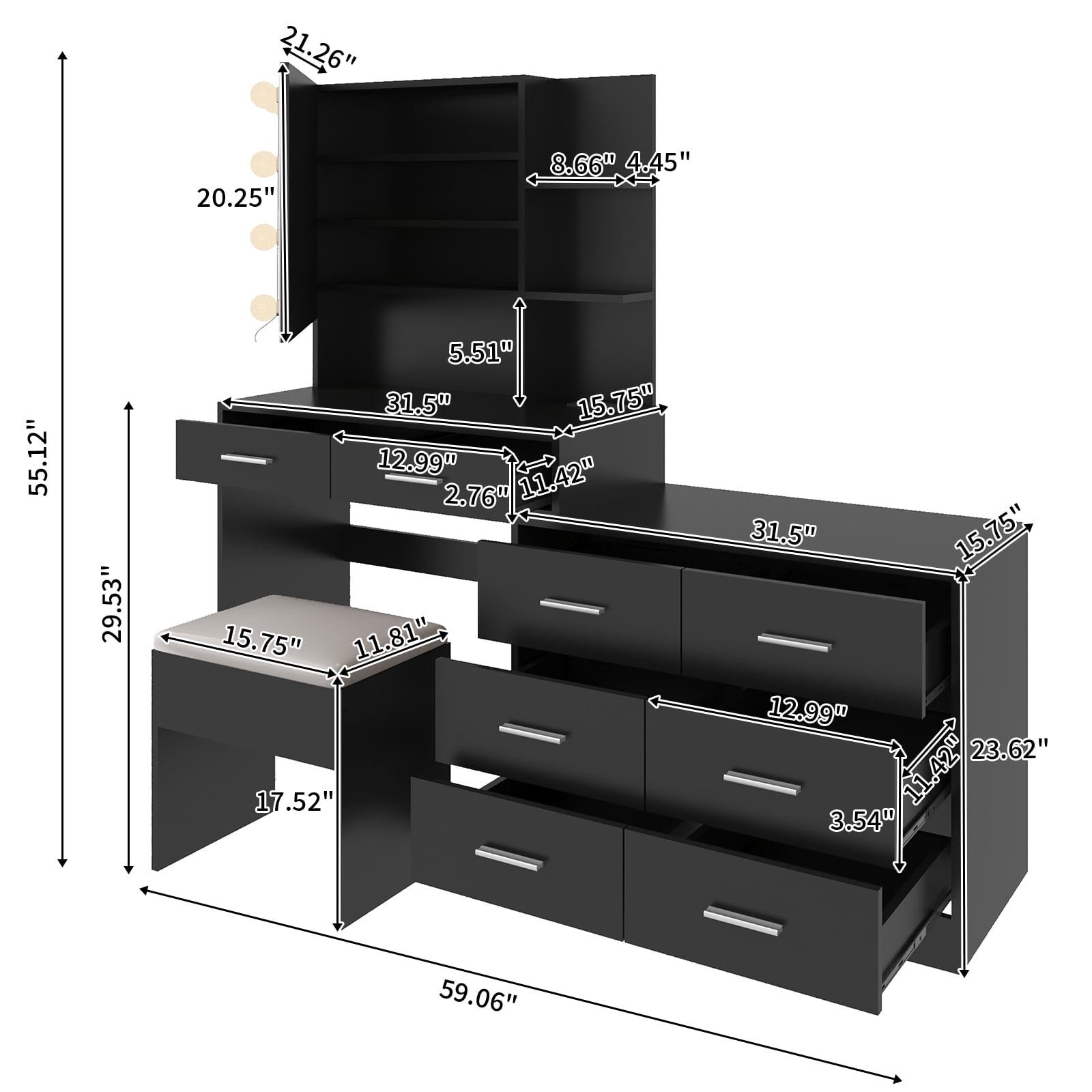 Ktaxon Makeup Vanity with 8 Drawers&Charging Station, Vanity Desk with 3 Color Light, Vanity Table Set w/ Drawer Dresser, Black