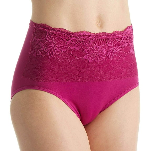 Women's Rhonda Shear 4220 Seamless Brief Panty with Lace Overlay (Magenta L)