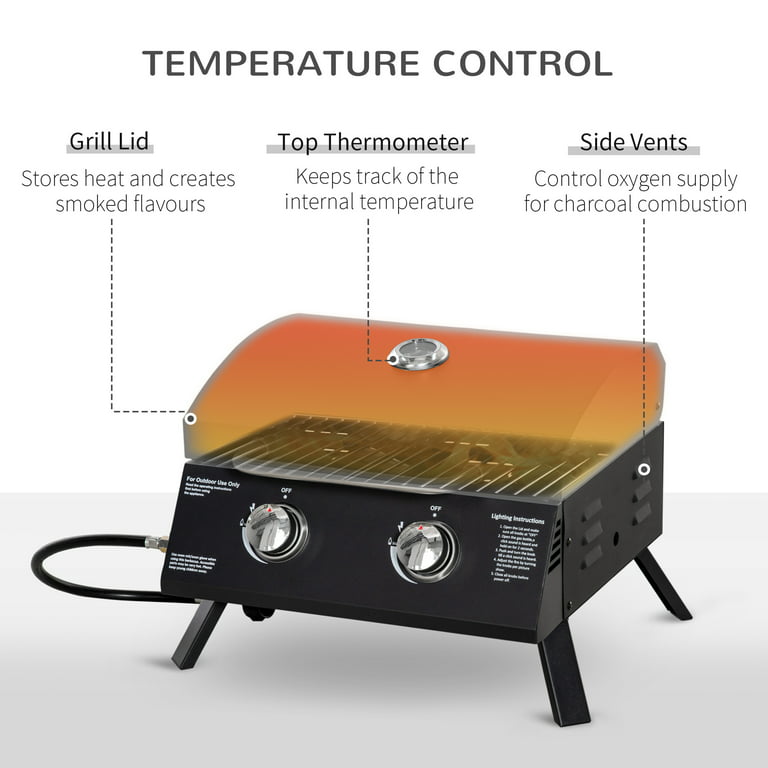 tone erotisk Nervesammenbrud Outsunny 2 Burner Propane Gas Grill Outdoor Portable Tabletop BBQ with  Foldable Legs, Lid, Thermometer for Camping, Picnic, Backyard, Black -  Walmart.com