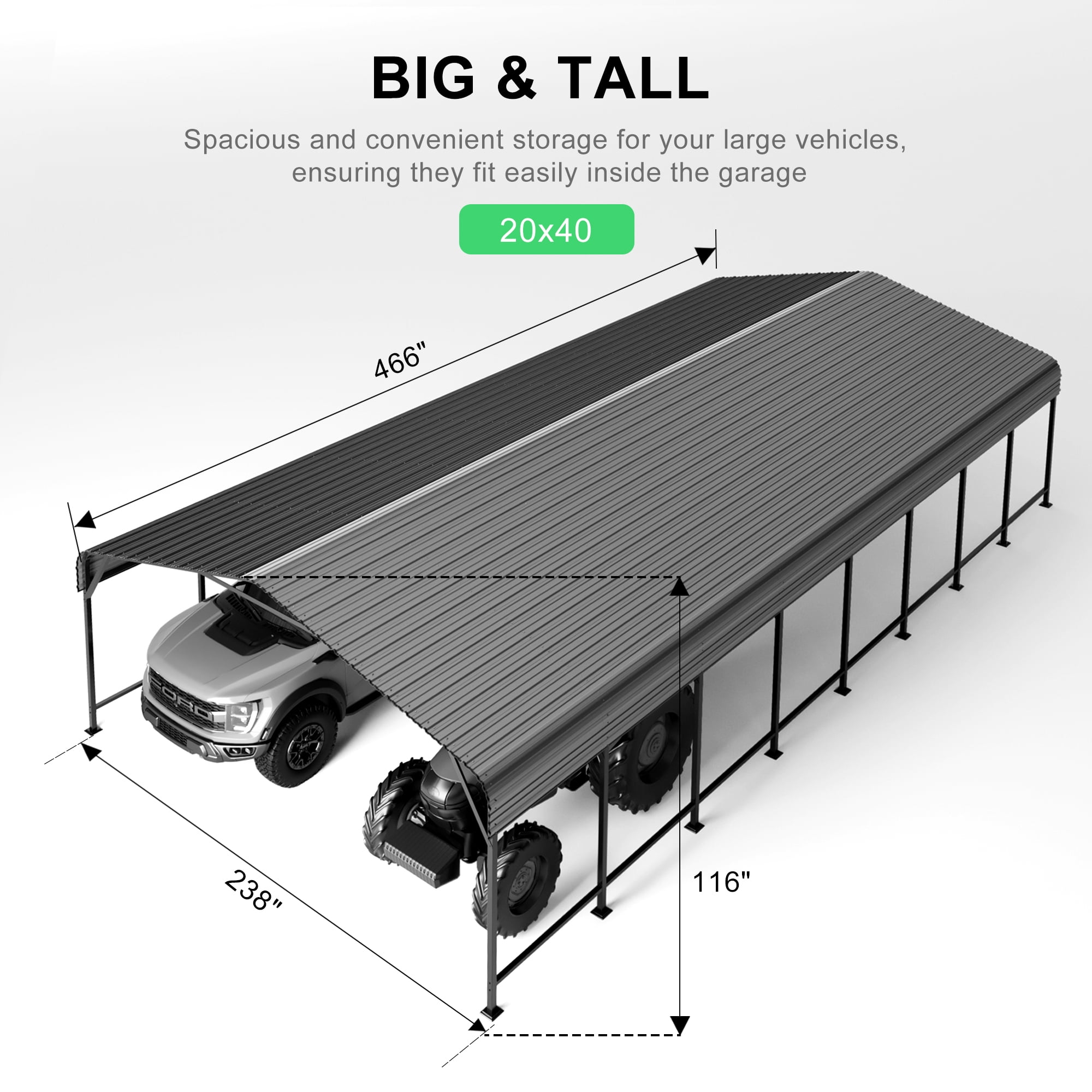 PABIMIA 20x40 FT Heavy-Duty Galvanized Steel Carport, Outdoor Metal Shelter for Vehicles & Boats, Black