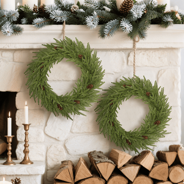 24" Indoor Christmas Wreath, Lifelike Norfolk Pine Design with 88 Moulded Tips, 7 Pine Cones for Doors, Walls, Mantels