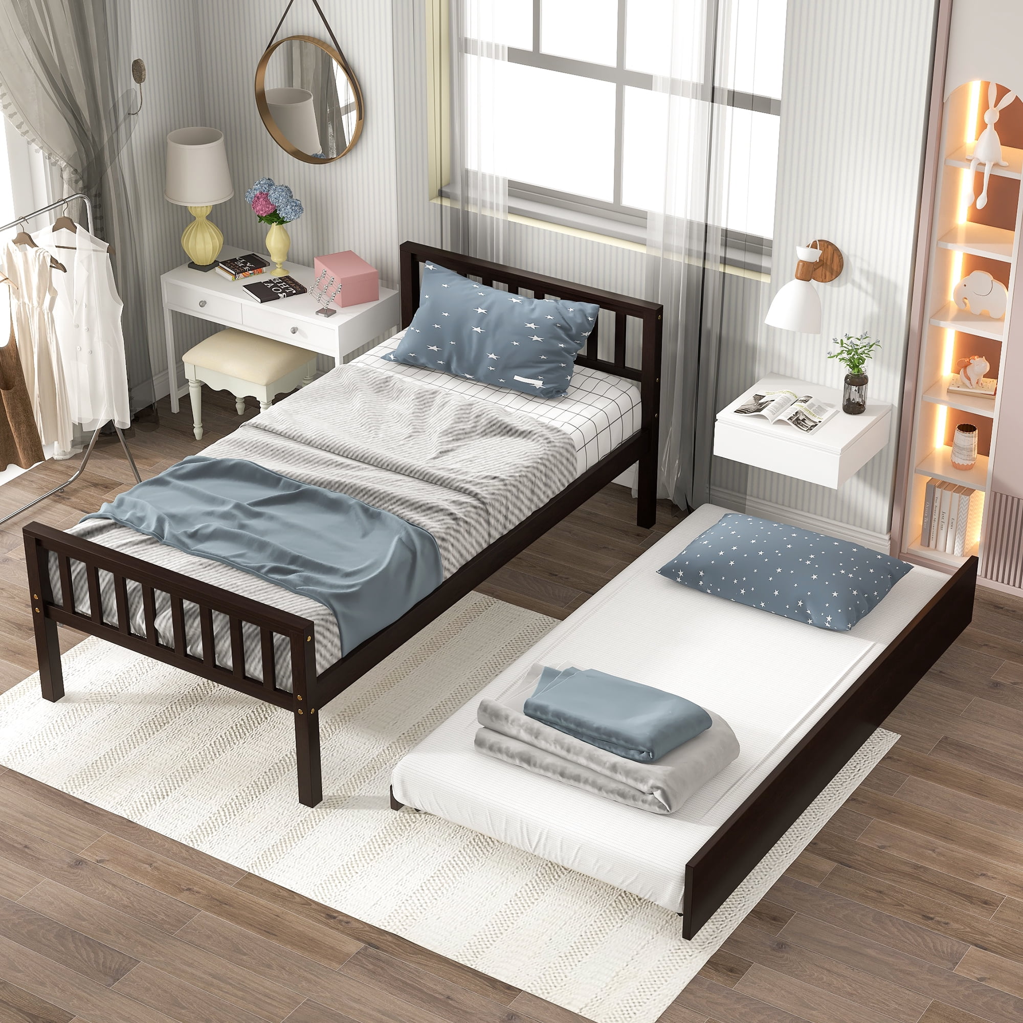 Leumius Twin Size Bed Frame with Trundle, Platform Bed Frame with Headboard and Footboard for Bedroom Small Living Space Espresso