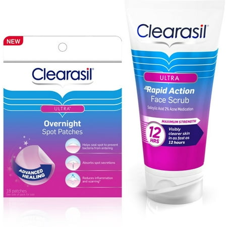 Clearasil Ultra Rapid Action Face Scrub, 5 Oz & Ultra Overnight Spot Patches, 18 Ct, 1