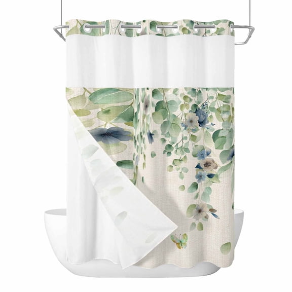 No Hook Sage Green Eucalyptus Shower Curtain with Snap in Liner Set, Weeping Botanical Leaves Linen Waterproof Bathroom Curtains with See Through Top Window, Hotel Style Extra Long 72 x 96 Inch