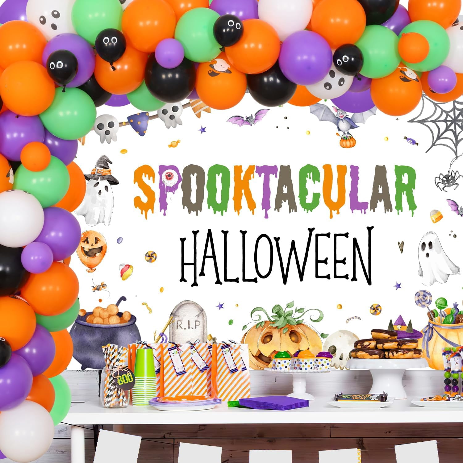 71Pcs Spooktacular Halloween Theme Party Decorations Spooktacular Halloween Pumpkin Bat Cemetery Backdrop Orange Purple Green Balloon Garland Arch Kit for Children Adult Halloween Party Decor Supplies