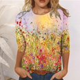 thumbnail image 2 of CHOK Chemises à Manches 3/4 pour Femmes, Col Rond Décontracté, Imprimé, Chandail d'Été Tendance, Blouses Douces et Confortables, Jaune S, 2 of 5