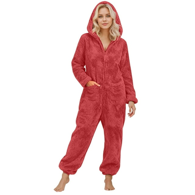 GPOECD Combinaison Pyjama à Capuche Duveteuse pour Femmes, Manches Longues, avec Poches, Pyjama d'Hiver pour Femmes, Chaud, Rouge, m