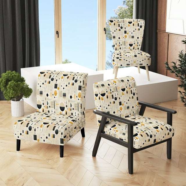 Designart "Zen In Monochrome I" Beige Geometric Upholstered Accent Chair - Modern Arm Chair For Bedroom