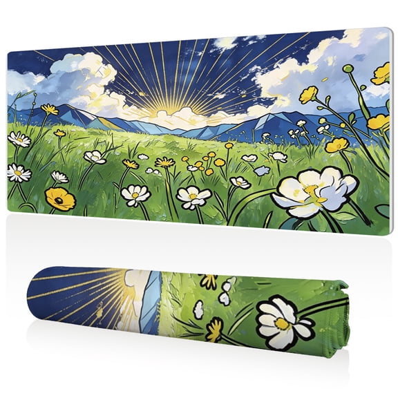 LIVEKEY XXL Mouse Pad Sunny Meadow 80x40cm Non Slip Durable Easy Clean Stitched Edges Full Desk Coverage for Gaming Office Use