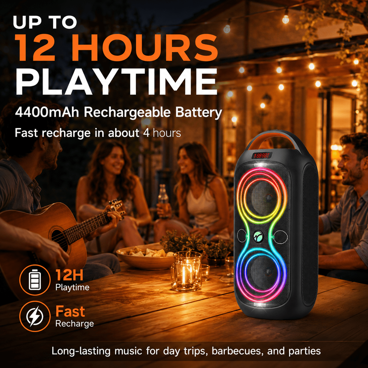 Wireless Bluetooth Speaker, 60W Loud Party Speaker with Beat Sync Lights, TWS Stereo, 4400mAh Power Bank, FM, AUX, TF, USB, Portable Handle Speaker for Outdoor Camping Beach Garage Home Party