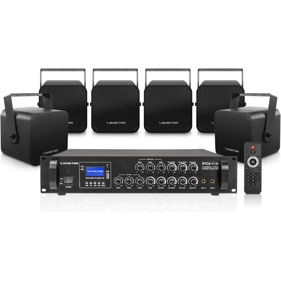 Sound Town Commercial Sound System with a 3-Zone Low-Impedance Bluetooth Amplifier, 6 x 5 Coaxial Wall-Mount Speaker Set for Indoor Installation, Black (STCA6130X6CM5B)