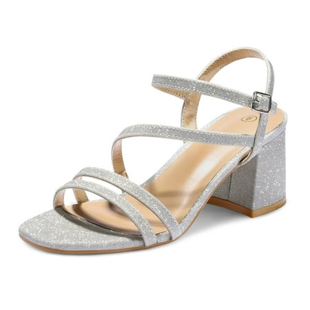 

Pennysue Strappy Chunky Heel Sandals Silver 2.4in heel Dress Shoes For Women Size 8.5