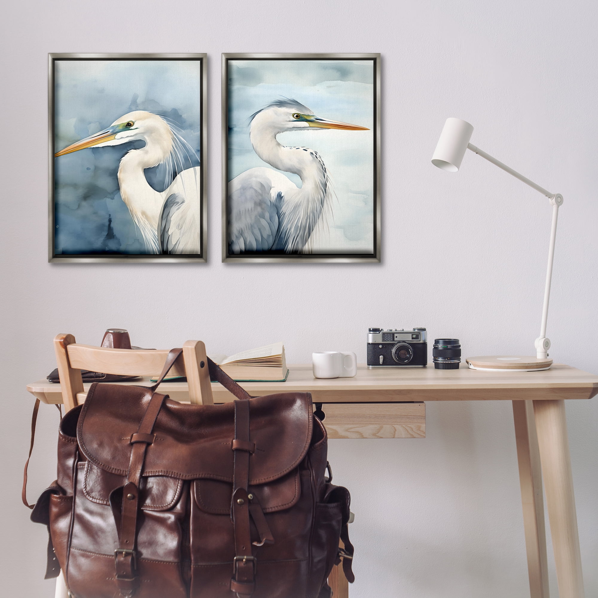 Stupell Industries Watercolor Detailed Beach Birds Animals Painting Gray Floater Framed Canvas Art Print Wall Art, 21 x 31, Set of 2