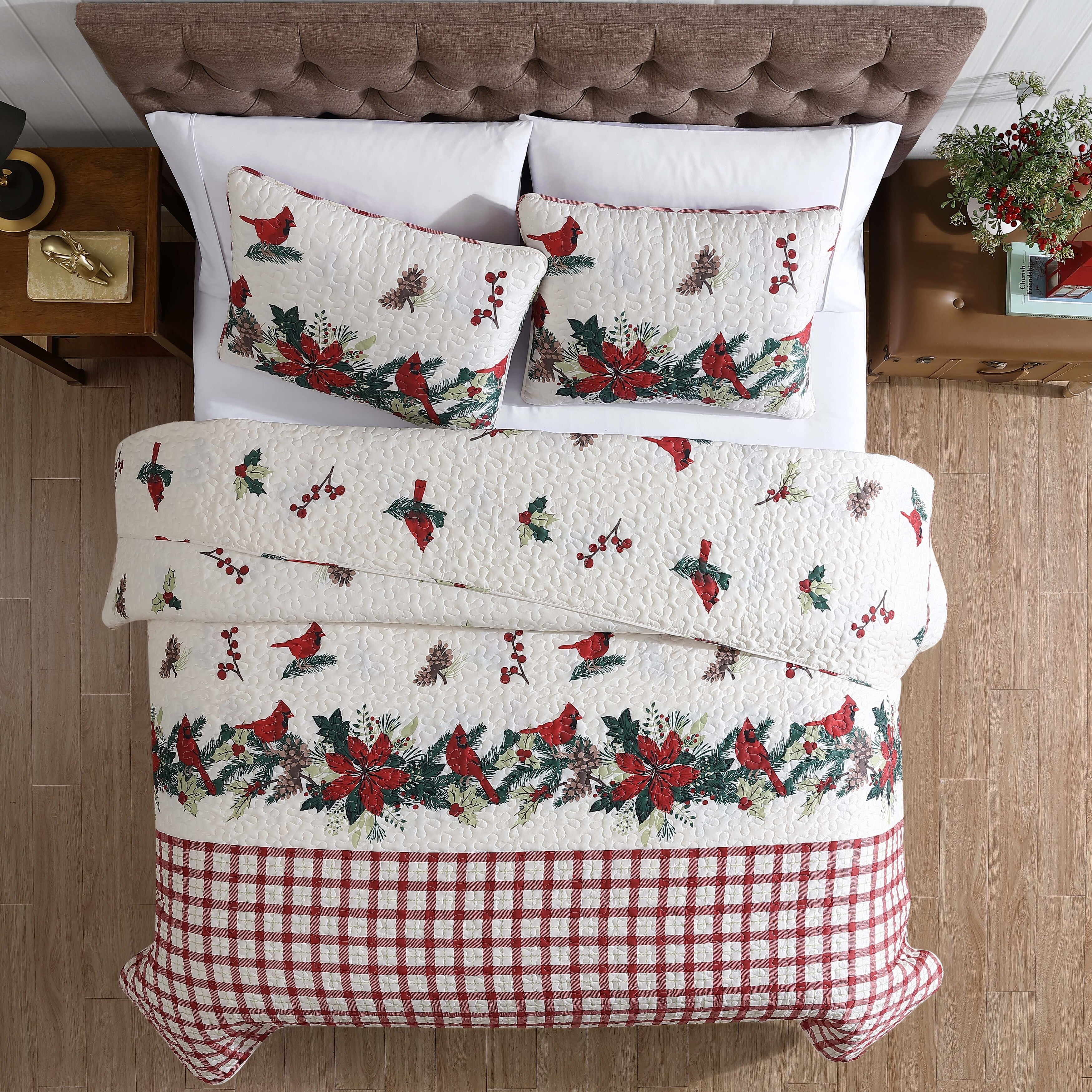 Beatrice Home Fashions, Holiday 3PC Quilt Set, King, Cardinal Garland