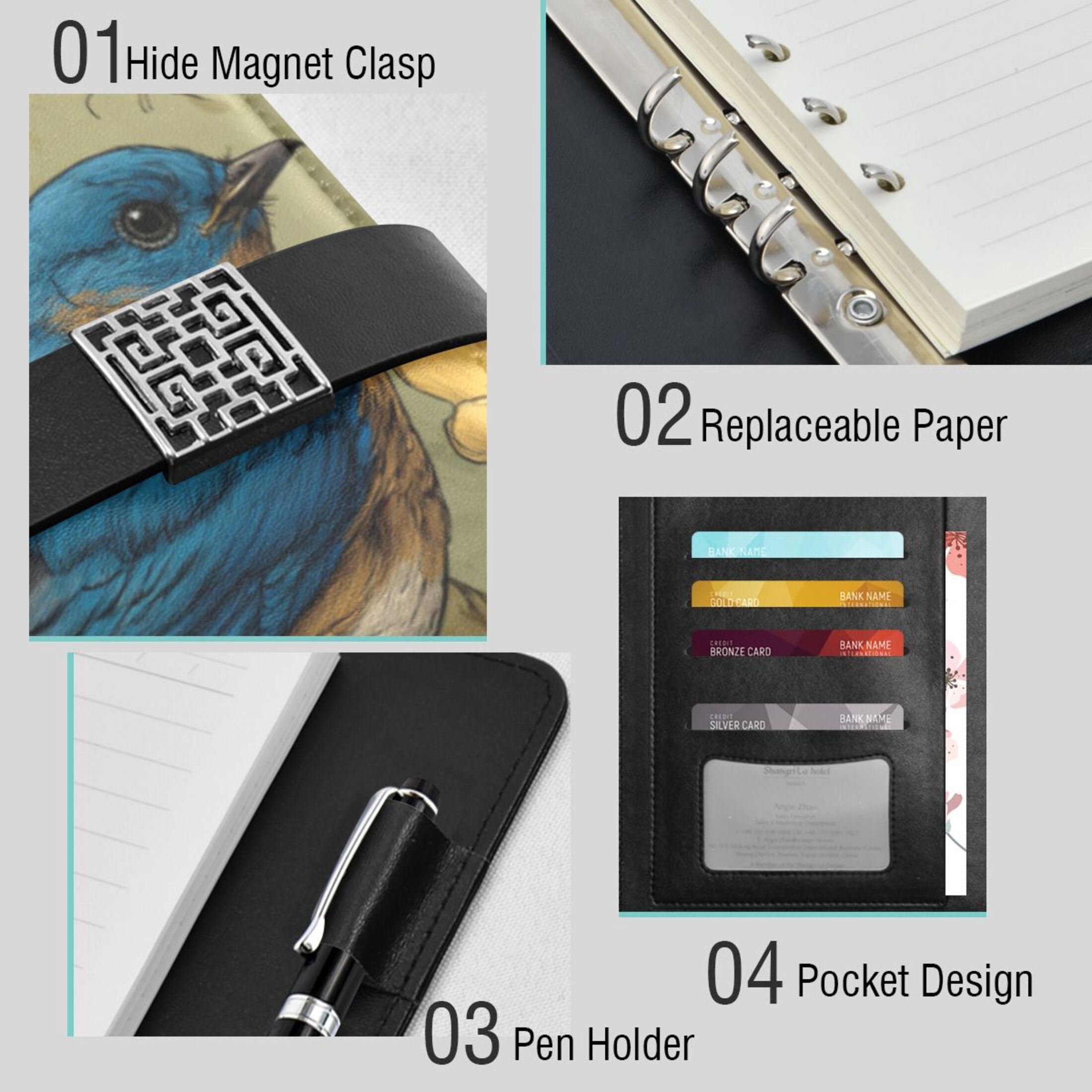 Leather Planner Leather Notebook Notebook Journal Binder Design Pen Pocket Design Convenient for Storage Pair Of Blue Birds
