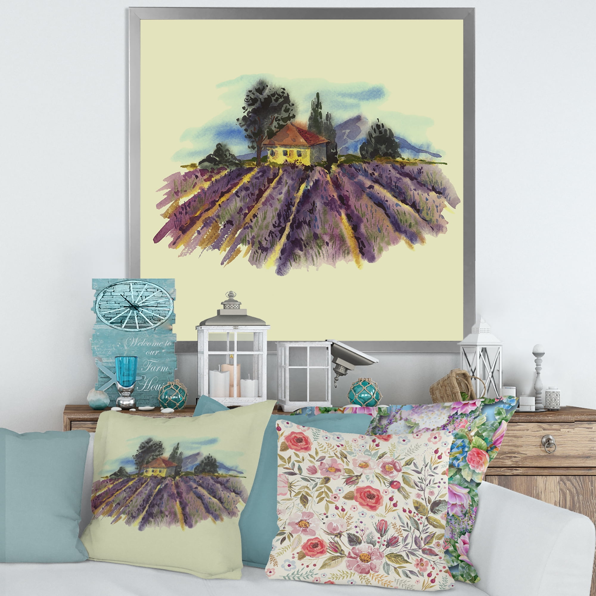 Designart 'Landscape With Blooming Lavender and Village House' Traditional Framed Art Print