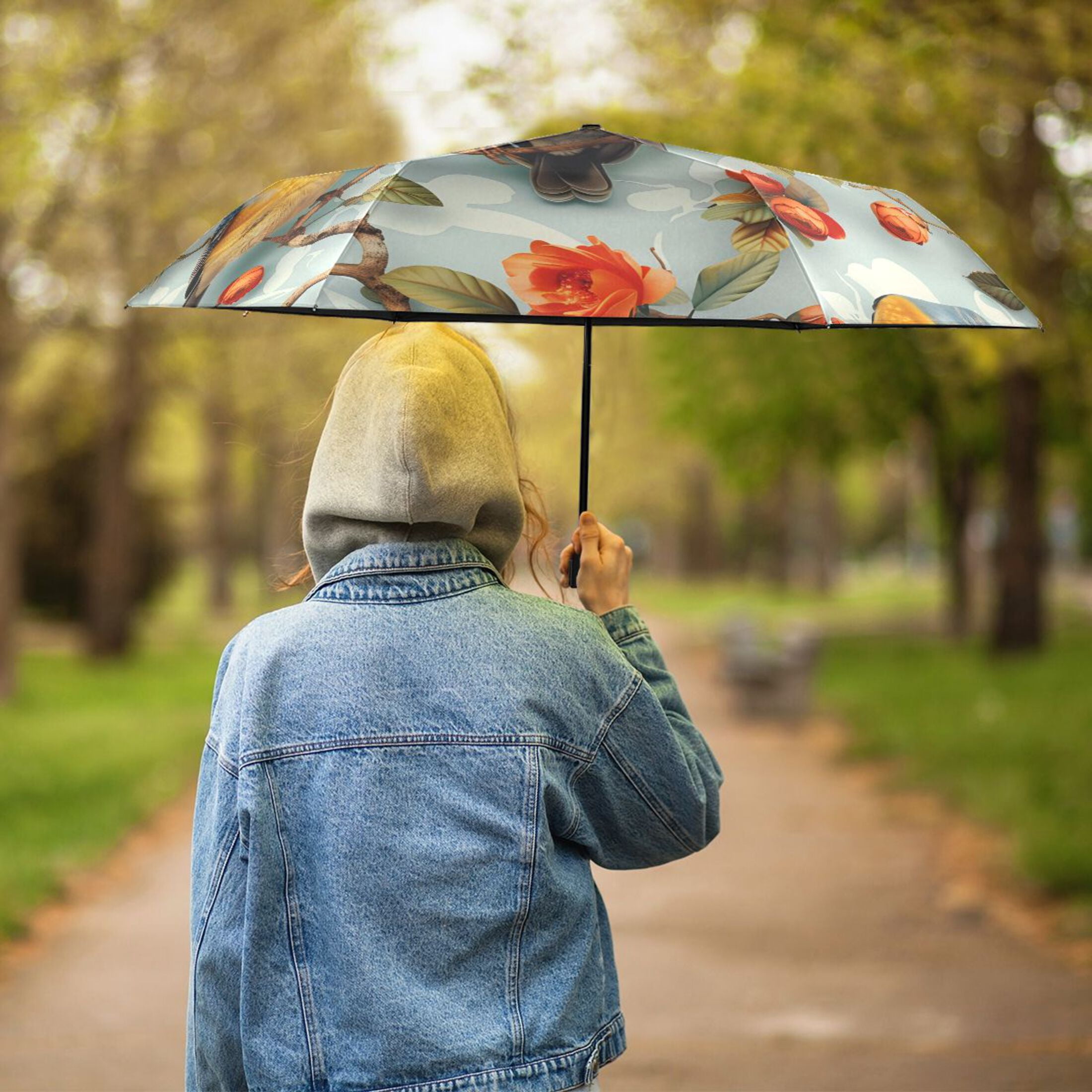 ALAZA Birds on Flowers UPF 50+ Compact Folding Umbrella for Rain Travel Umbrella Packable
