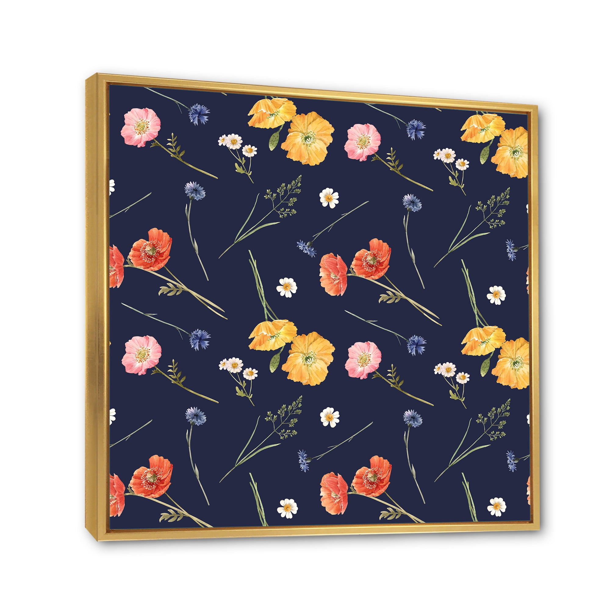 Designart 'Yellow and Orange Wild Flowers On Dark Blue' Traditional Framed Canvas Wall Art Print