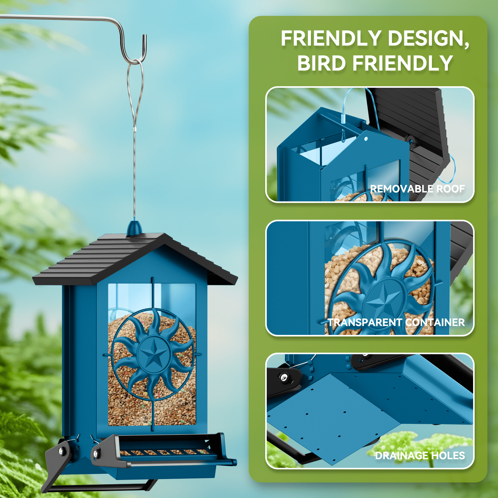 Squirrel Proof Bird Feeder for Outdoors Hanging, Metal Wild Bird Seed Feeder with Bilateral Weight-Activated Perches, 5LB Large Capacity Wild Bird Feeders for Outside Finch, Cardinal, Blue Jay