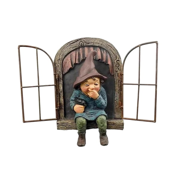 SUYOLL Outdoor Garden Gnomes Windows Sculpture Decorative Statue Art Figurine For Patio Yard Weather Stone Finish Ornament