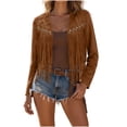 thumbnail image 2 of Ndbuld Casual Jackets for Women Women V Open Front Long Sleeve Studded Fringe Tassel Cropped Solid Casual Western Jacket Outerwear,Khaki,XL, 2 of 7