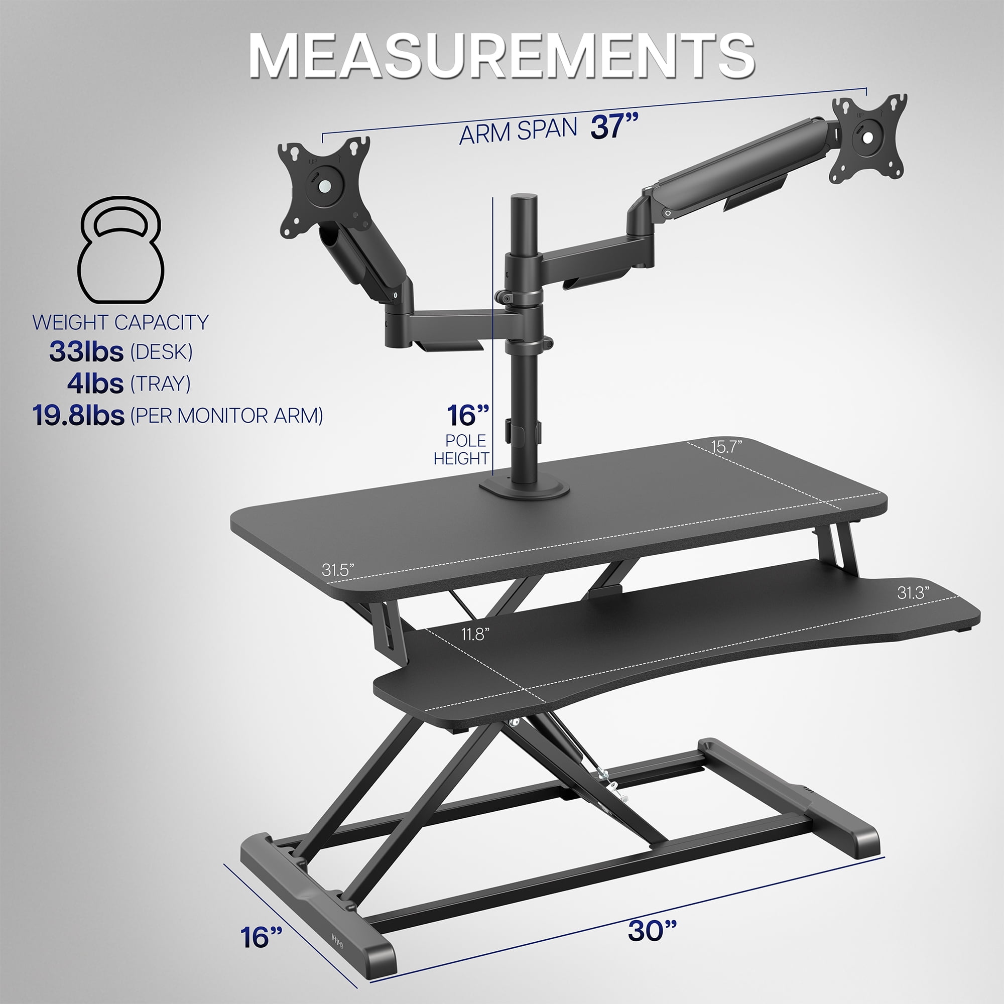 VIVO Black 32" Standing Desk Riser with Dual Monitor Arm for up to 32" Screens
