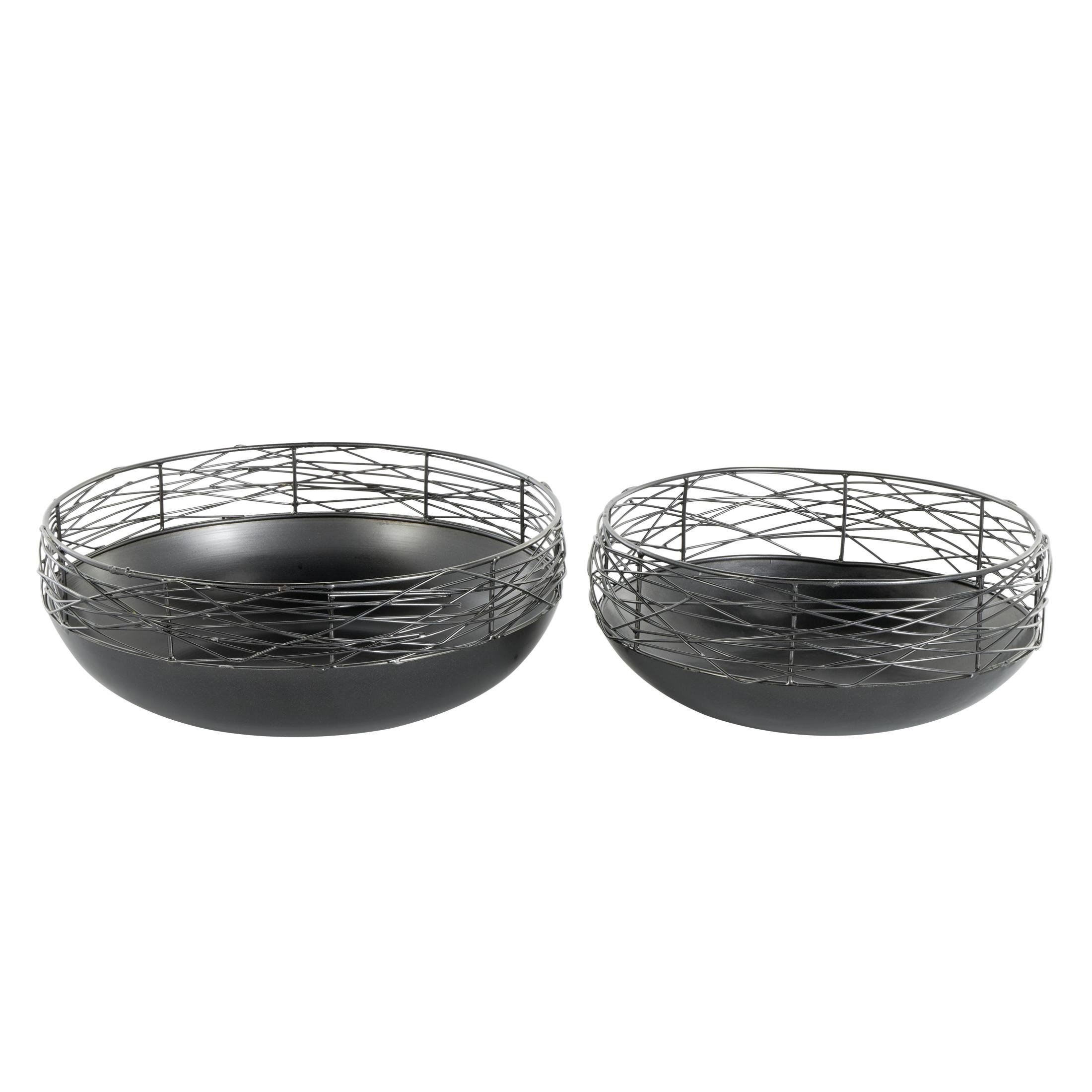 DecMode 15", 12"W Round Intertwined Wire Abstract Black Metal Decorative Bowl with Solid Matte Base, Set of 2