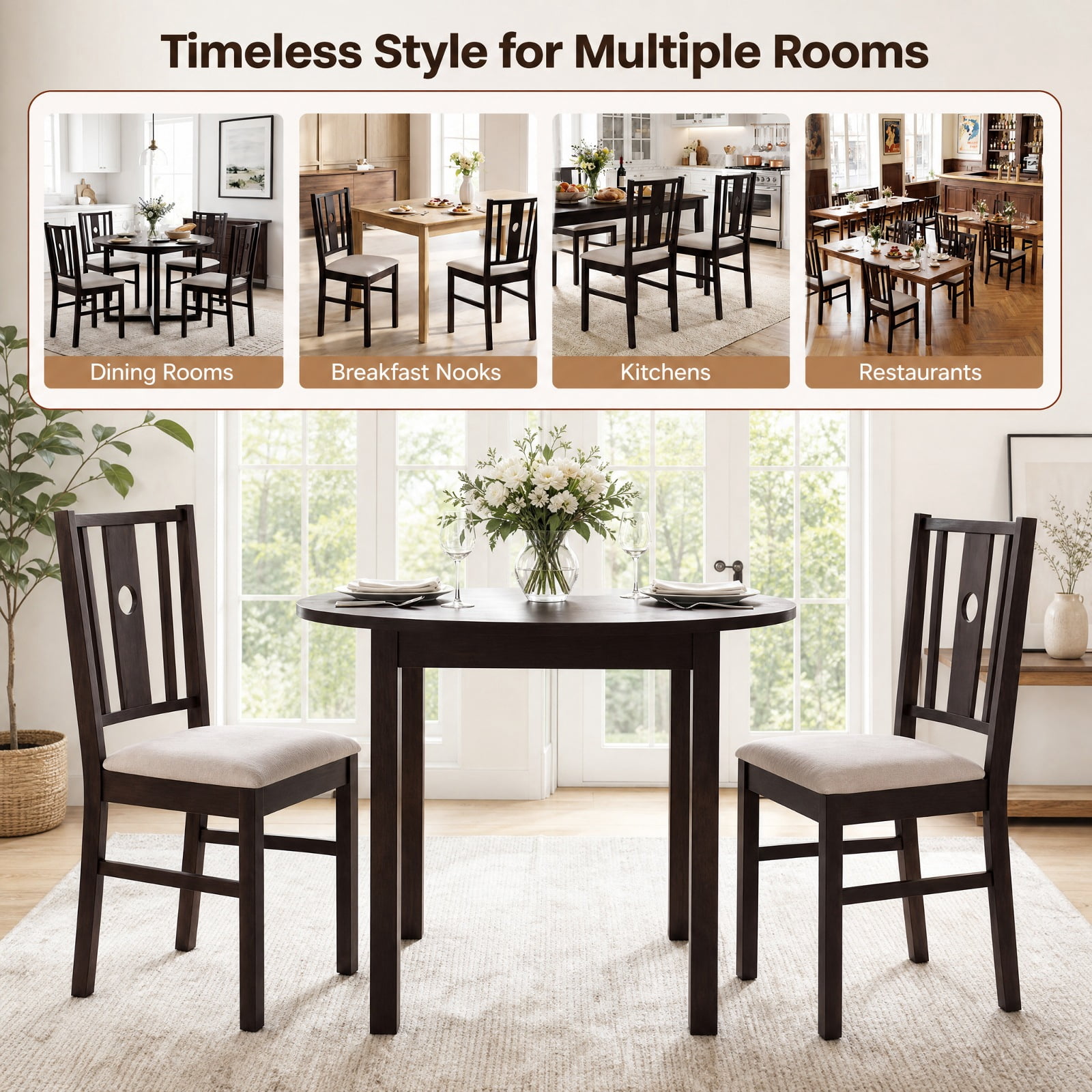 Furnibear Set of 2 Rubber Wood Kitchen Chairs with Fabric Padded Seat and Slatted High Back for Dining Room and Kitchen, Coffee