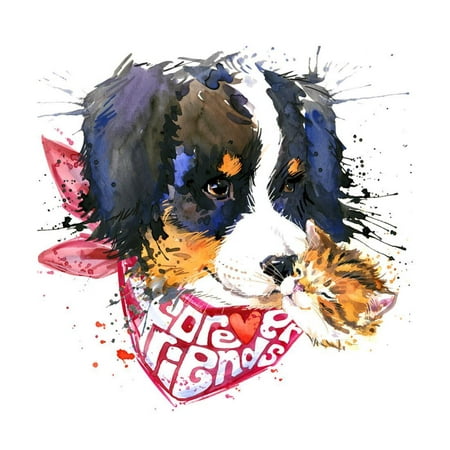 Dog Companion T-Shirt Graphics. Watercolor Dog Illustration. Forever Friends Handwritten Text. Unus Print Wall Art By Fayankova