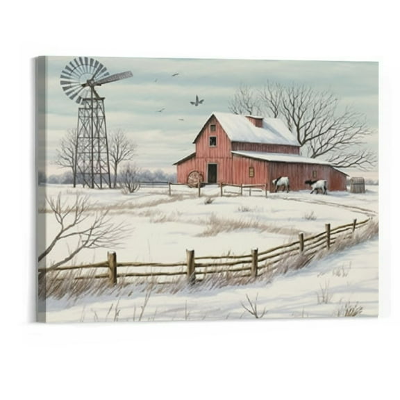 Shiartex Farmhouse Wall Art - Rustic Old Barn Pictures Canvas, Farmhouse Windmills Wall Decor For Living Room, Rustic Winter Landscape Canvas Painting Framed Artwork for Country Wall Decor 20x16 Inch