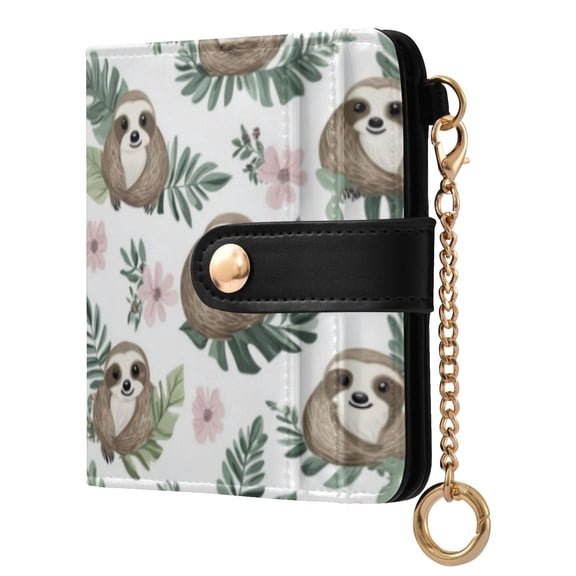Qxltty Cute Cartoon Sloth Pattern with Tropical Leaves Ladies Wallet Rfid Slim Thin Compact Credit Card Women Wallet Zipper Coin Pocket and ID Window for Female Gifts