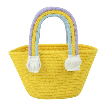 

Woven Basket with Rainbow Handle Portable Storage Basket Handbag for Nursery Room Toys Books Organization Hamper Baskets for Gifts Empty Kids Storage Basket Toy Basket (Yellow)