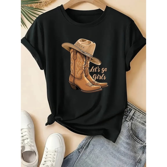 Women's Cowboy Boots & Hat Monogram Print T-Shirt - Western Style Short Sleeve Top Suitable for Spring Summer Fall Casual Wear