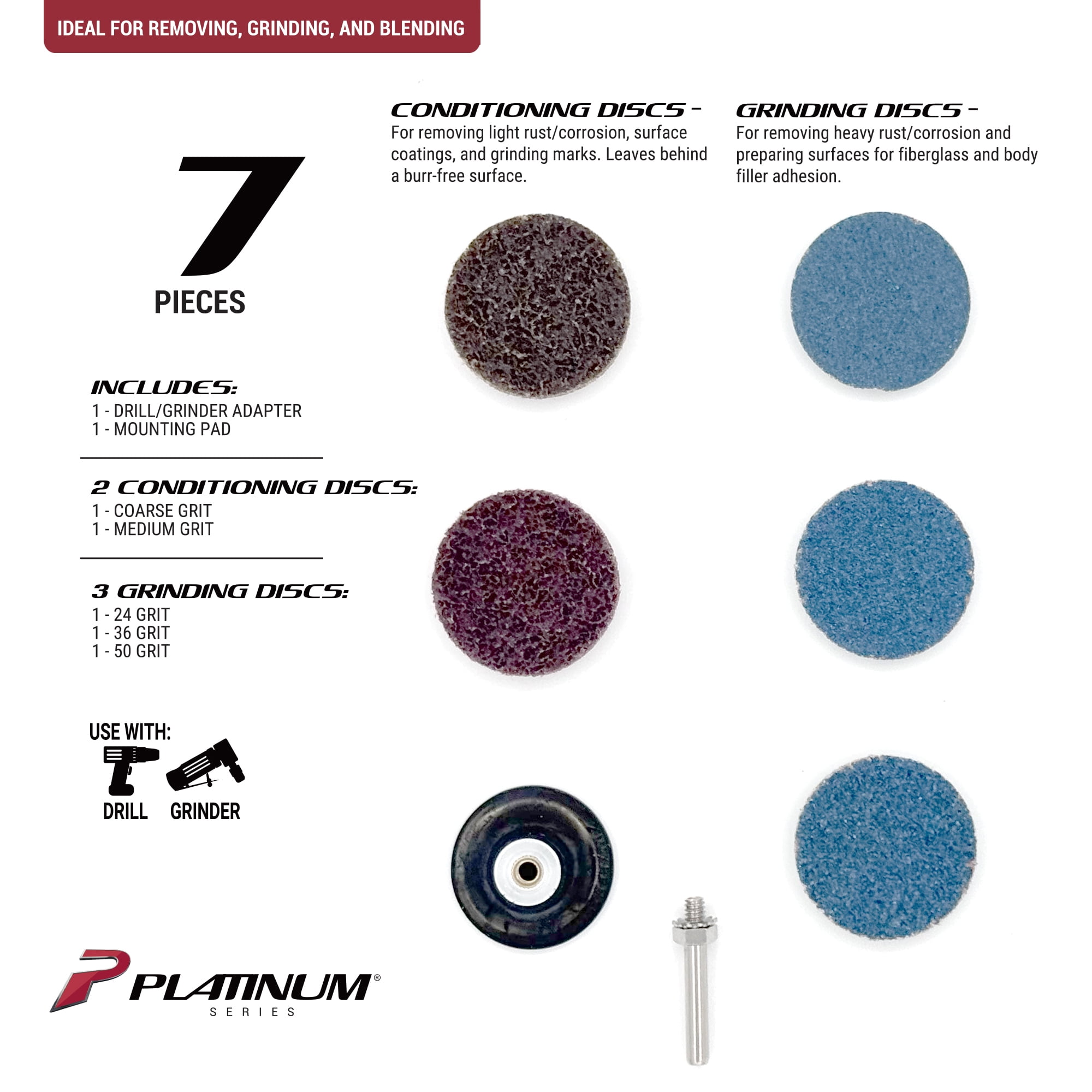 Platinum Series Auto Body Surface Grinding & Conditioning 2 inch Disc Set, Car, Truck, SUV, 7 Piece