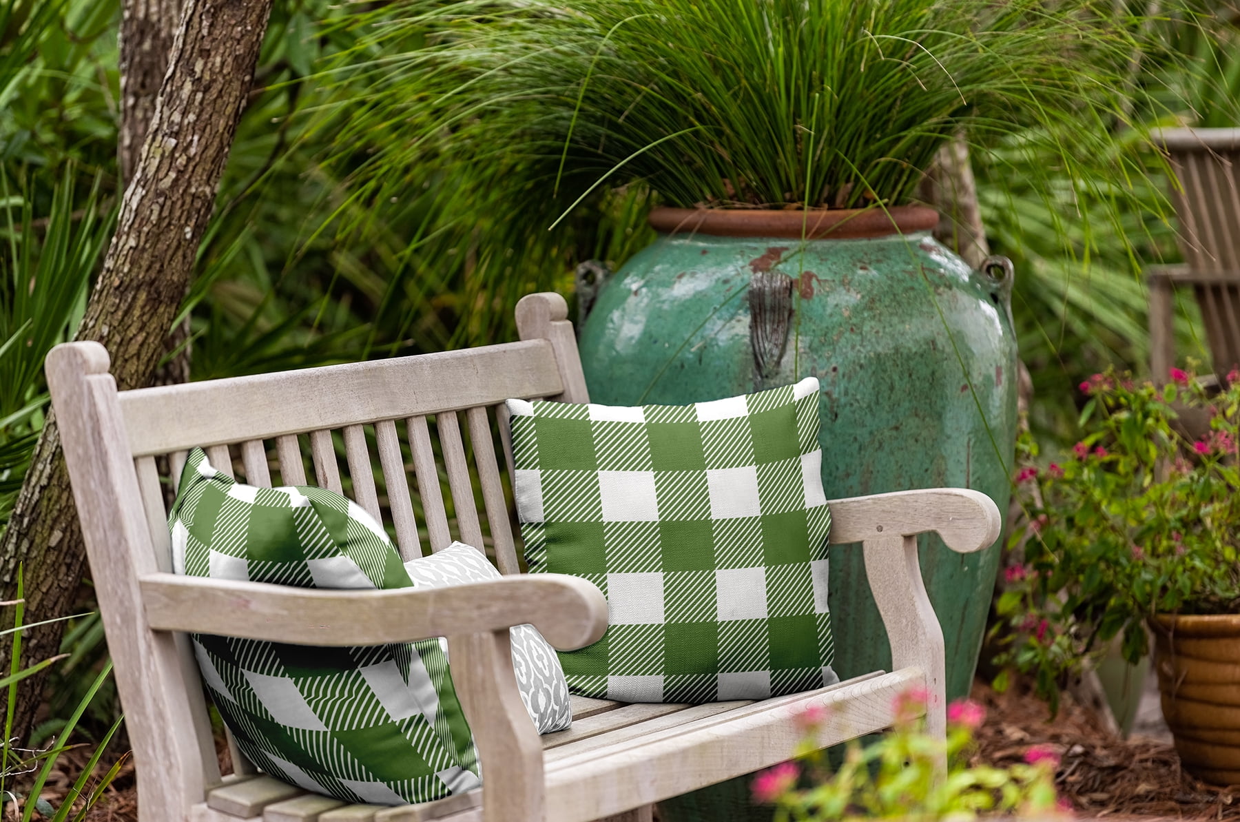 20" x 20" Simply Daisy Buffalo Plaid Polyester Indoor/Outdoor Pillow, Scallion Qty 1
